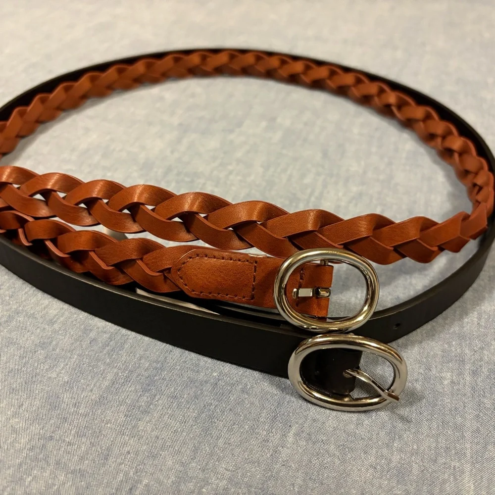 Pair of Thin Belts Braided Brown and Black Faux Leather with Silver Buckles